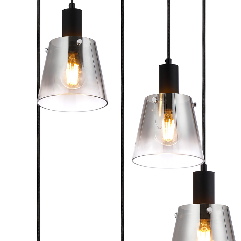 Load image into Gallery viewer, C-Lighting Hektor Round Pendant With 16cm x 14cm Shade, 5 Light E27, Sand Black/Smoke Faded Glass Shade - 60897
