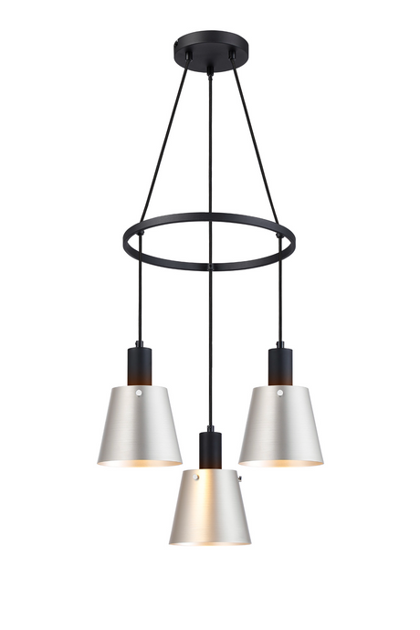 C-Lighting Hektor Ring Pendant With 16cm x 14cm Shade, 3 Light E27, Sand Black/Light Grey/Silver Metal Shade - 60907
