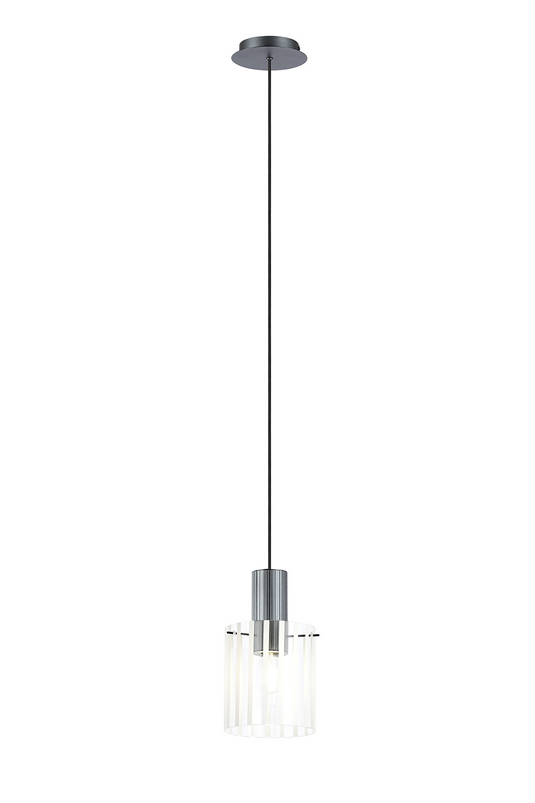 C-Lighting Bridge Ribbed Single Pendant, 1 Light Adjustable E27, Dark Grey/Frosted Wide Line Glass -