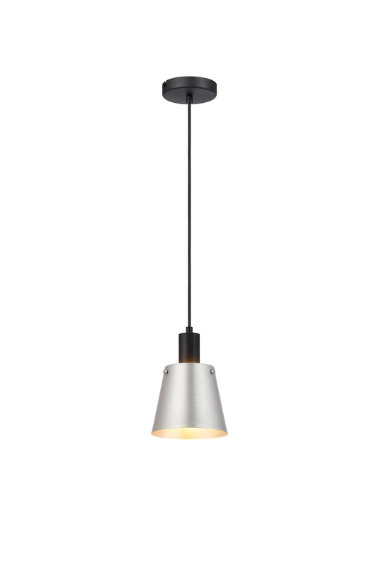 C-Lighting Hektor Single Pendant With 16cm x 14cm Shade, 1 Light E27, Sand Black/Light Grey/Silver Metal Shade - 60865