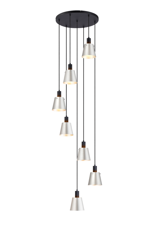 C-Lighting Hektor Round Pendant With 16cm x 14cm Shade, 7 Light E27, Sand Black/Light Grey/Silver Metal Shade - 60901