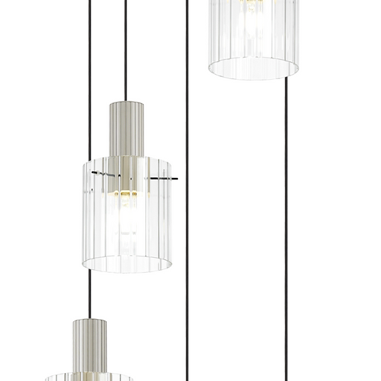 C-Lighting Bridge Ribbed Round Pendant, 5 Light Adjustable E27, Painted Beige/Clear Wide Line Glass -