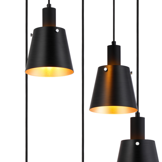 C-Lighting Hektor Round Pendant With 16cm x 14cm Shade, 5 Light E27, Sand Black/Black/Gold Metal Shade - 60892