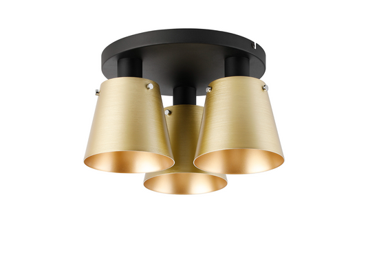 C-Lighting Hektor Round Ceiling Light With 16cm x 14cm Shade, 3 Light E27, Sand Black/Brass/Gold Metal Shade   - 60853