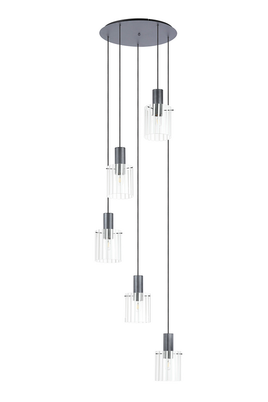 C-Lighting Bridge Ribbed Round Pendant, 5 Light Adjustable E27, Dark Grey/Frosted Wide Line Glass -