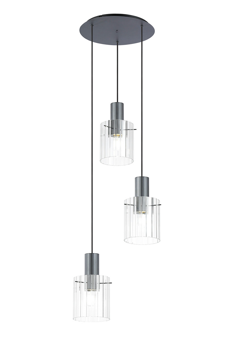 Load image into Gallery viewer, C-Lighting Bridge Ribbed Round Pendant, 3 Light Adjustable E27, Dark Grey/Clear Wide Line Glass -
