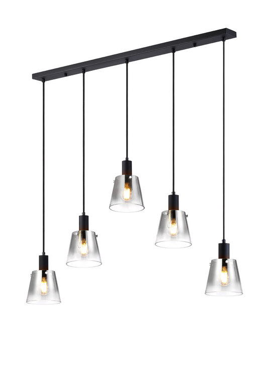 C-Lighting Hektor Linear Pendant With 16cm x 14cm Shade, 5 Light E27, Sand Black/Smoke Faded Glass Shade - 60885