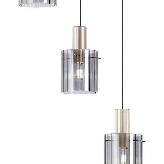 C-Lighting Bridge Ribbed Round Pendant, 5 Light Adjustable E27, Light Gold/Smoke Wide Line Glass -