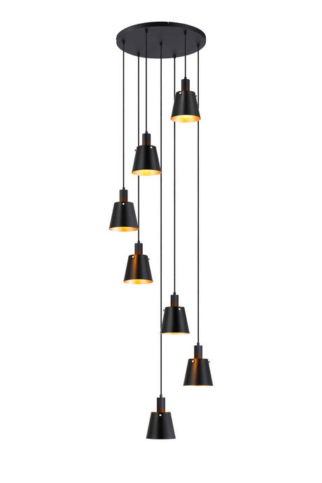 C-Lighting Hektor Round Pendant With 16cm x 14cm Shade, 7 Light E27, Sand Black/Black/Gold Metal Shade - 60898