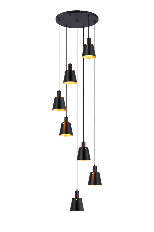 C-Lighting Hektor Round Pendant With 16cm x 14cm Shade, 7 Light E27, Sand Black/Black/Gold Metal Shade - 60898