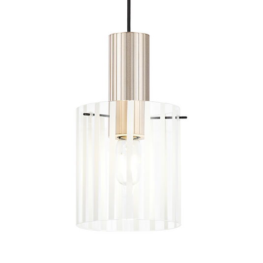 C-Lighting Bridge Ribbed Single Pendant, 1 Light Adjustable E27, Light Gold/Frosted Wide Line Glass -