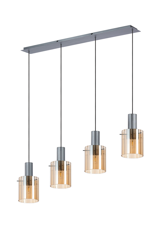 C-Lighting Bridge Ribbed Linear Pendant, 4 Light Adjustable E27, Dark Grey/Amber Wide Line Glass -