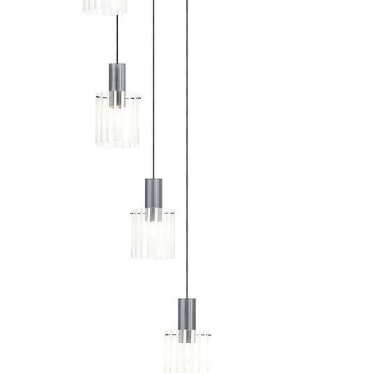 C-Lighting Bridge Ribbed Round Pendant, 9 Light Adjustable E27, Dark Grey/Frosted Wide Line Glass -