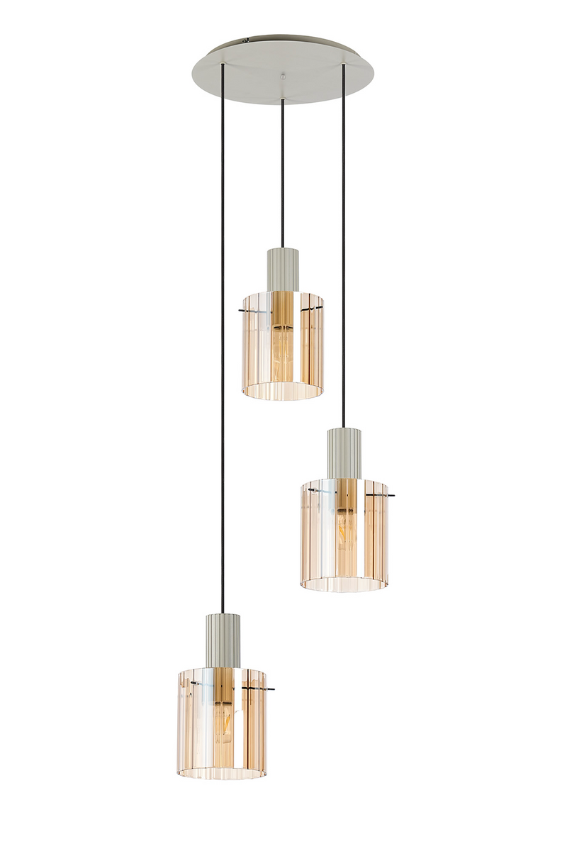 Load image into Gallery viewer, C-Lighting Bridge Ribbed Round Pendant, 3 Light Adjustable E27, Painted Beige/Amber Wide Line Glass-
