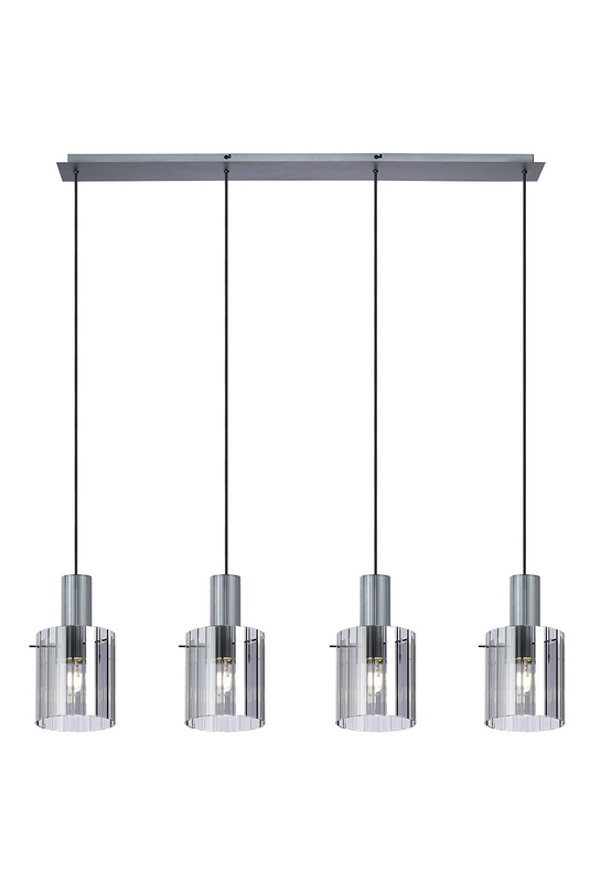 C-Lighting Bridge Ribbed Linear Pendant, 4 Light Adjustable E27, Dark Grey/Smoke Wide Line Glass -