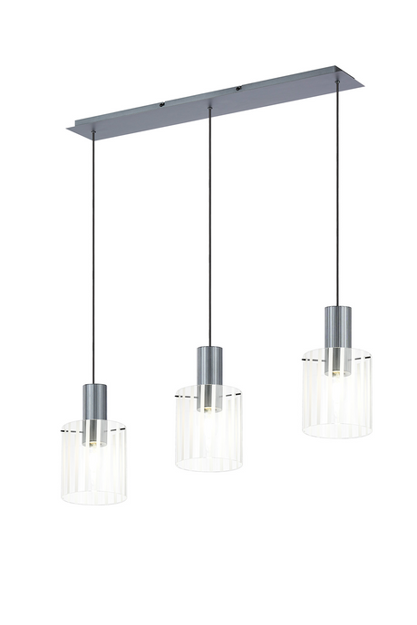 C-Lighting Bridge Ribbed Linear Pendant, 3 Light Adjustable E27, Dark Grey/Frosted Wide Line Glass -