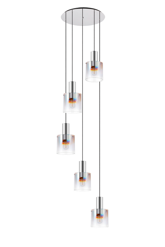 C-Lighting Bridge Round Pendant, 5 Light E27, Polished Nickel/Black/Iridescent Fade Glass - 61043