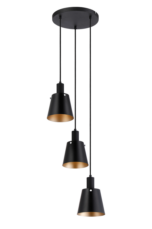 C-Lighting Hektor Round Pendant With 16cm x 14cm Shade, 3 Light E27, Sand Black/Black/Gold Metal Shade - 60886