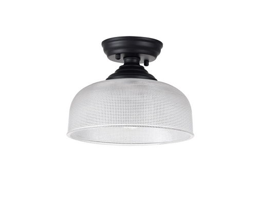 C-Lighting Nash 1 Light Flush Ceiling E27 With Round 26.5cm Prismatic Effect Glass Shade Matt Black/Clear  -