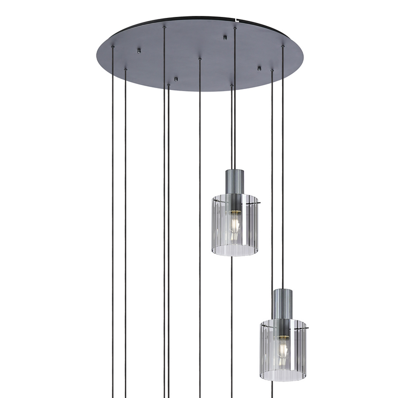 Load image into Gallery viewer, C-Lighting Bridge Ribbed Round Pendant, 9 Light Adjustable E27, Dark Grey/Smoke Wide Line Glass -
