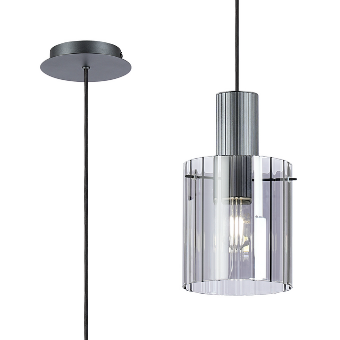 C-Lighting Bridge Ribbed Single Pendant, 1 Light Adjustable E27, Dark Grey/Smoke Wide Line Glass -