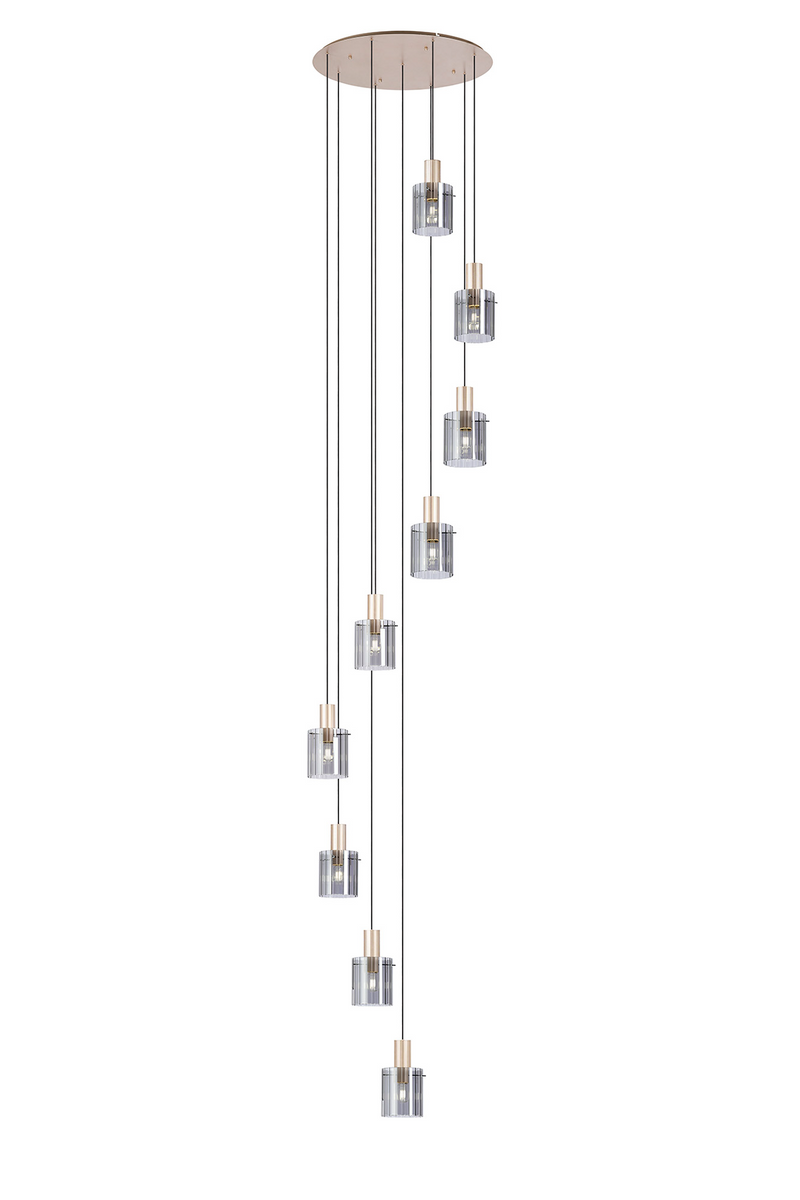 Load image into Gallery viewer, C-Lighting Bridge Ribbed Round Pendant, 9 Light Adjustable E27, Light Gold/Smoke Wide Line Glass -
