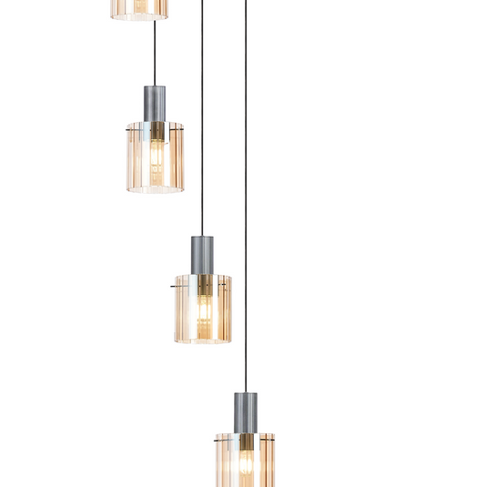 C-Lighting Bridge Ribbed Round Pendant, 9 Light Adjustable E27, Dark Grey/Amber Wide Line Glass -