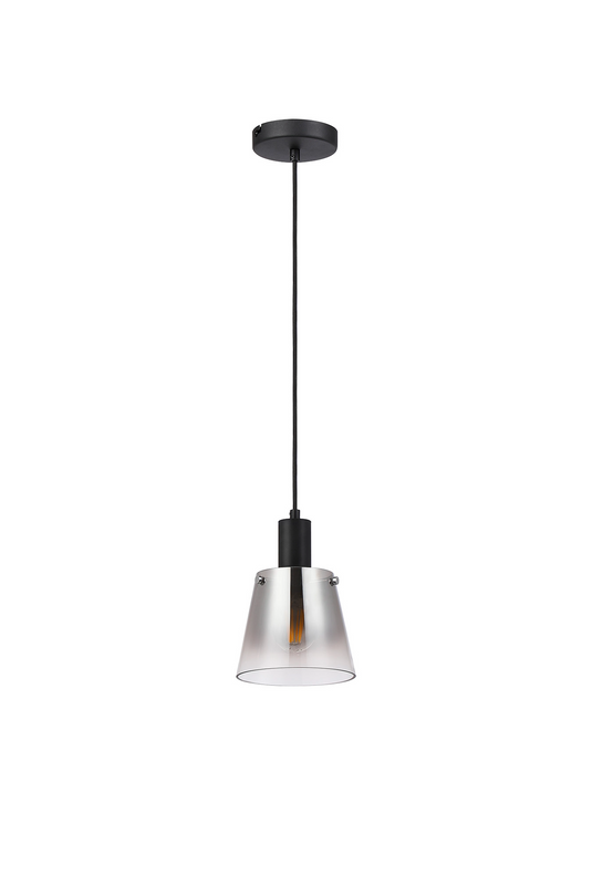 C-Lighting Hektor Single Pendant With 16cm x 14cm Shade, 1 Light E27, Sand Black/Smoke Faded Glass Shade  - 60867