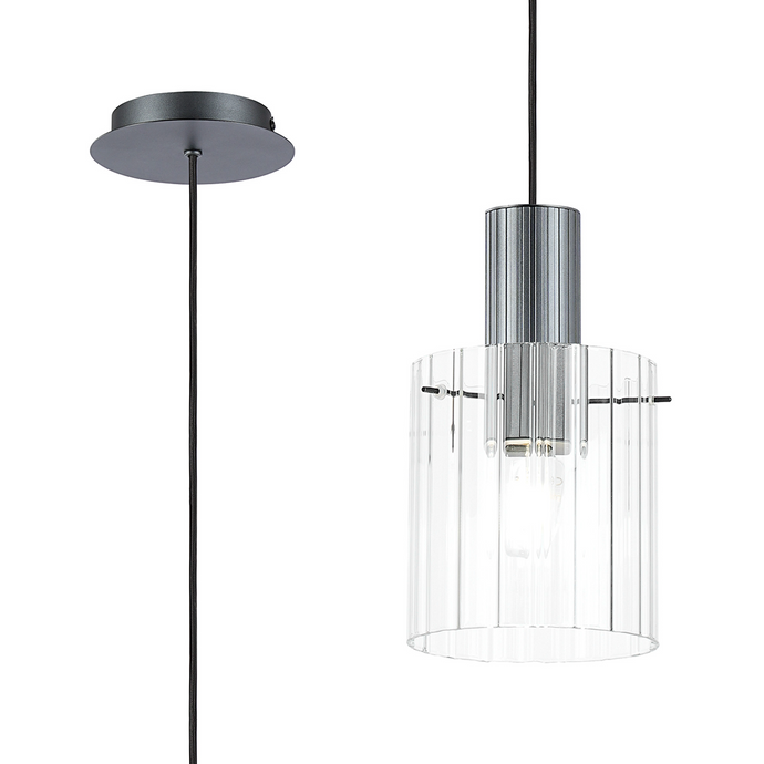 C-Lighting Bridge Ribbed Single Pendant, 1 Light Adjustable E27, Dark Grey/Clear Wide Line Glass -