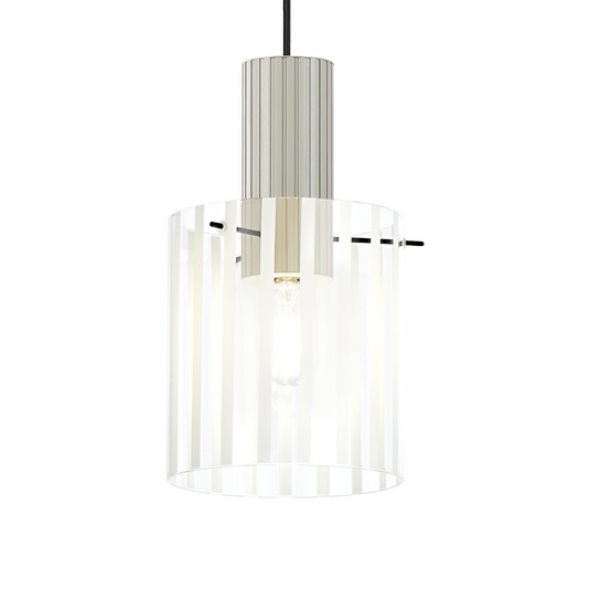 C-Lighting Bridge Ribbed Single Pendant, 1 Light Adjustable E27, Painted Beige/Frosted Wide Line Glass -