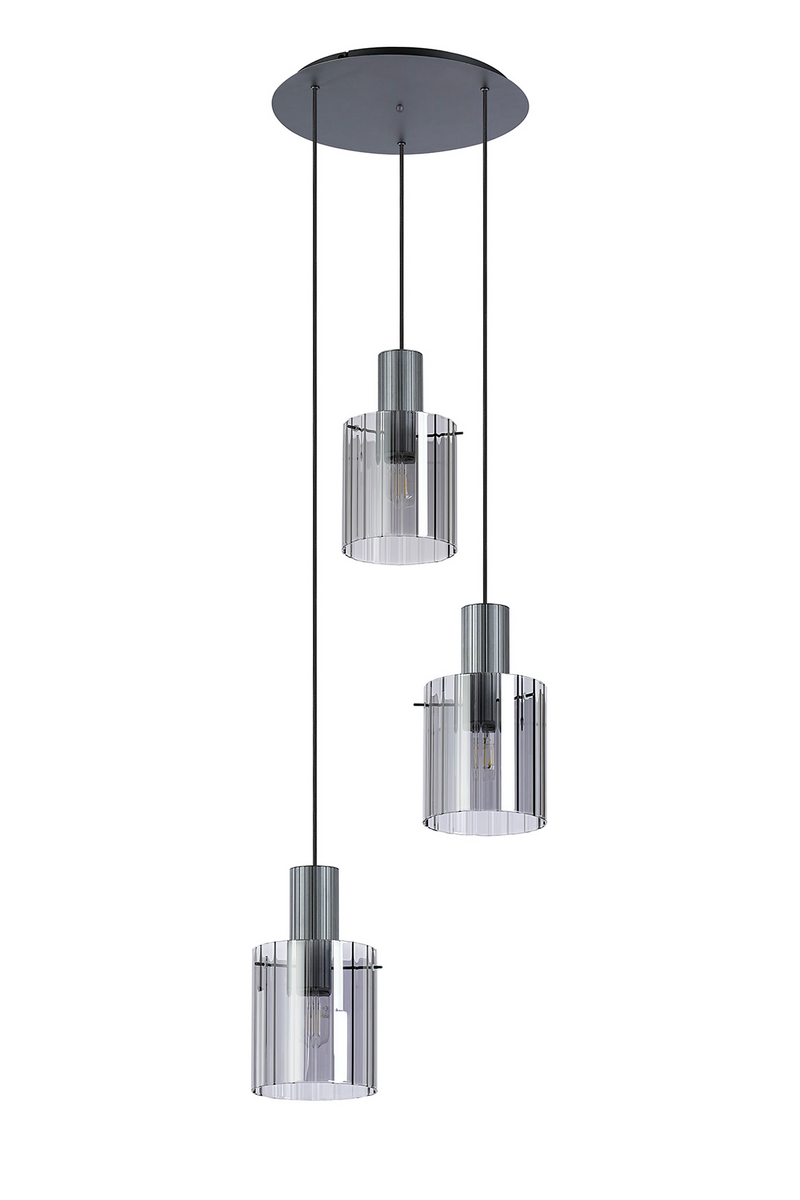 Load image into Gallery viewer, C-Lighting Bridge Ribbed Round Pendant, 3 Light Adjustable E27, Dark Grey/Smoke Wide Line Glass-
