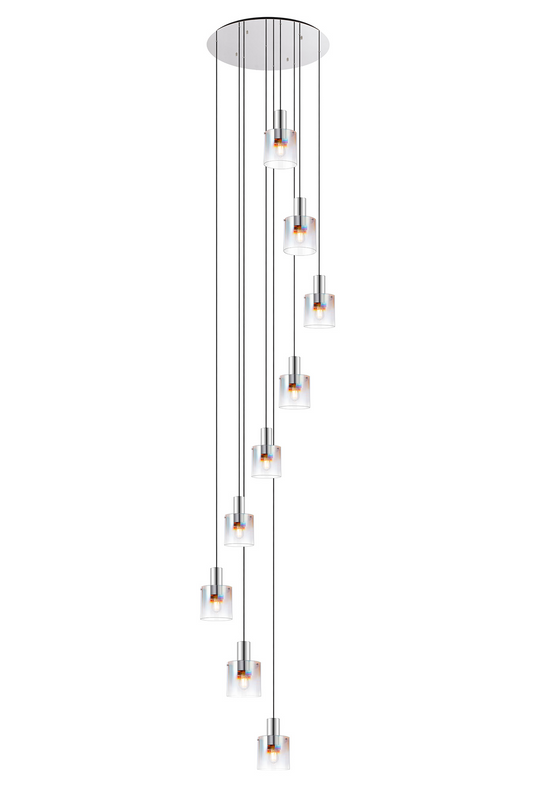 C-Lighting Bridge Round Pendant, 9 Light E27, Polished Nickel/Black/Iridescent Fade Glass Item Weight: 20.3kg - 61046