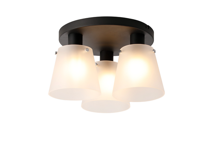 C-Lighting Hektor Round Ceiling Light With 16cm x 14cm Shade, 3 Light E27, Sand Black/Frosted White Glass Shade  - 60855