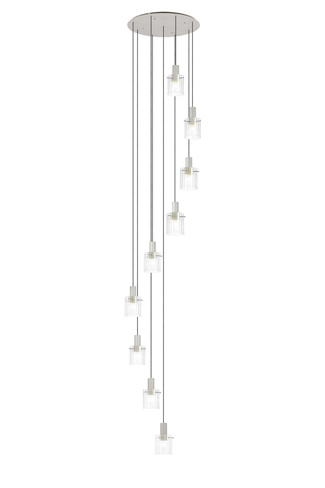 C-Lighting Bridge Ribbed Round Pendant, 9 Light Adjustable E27, Painted Beige/Clear Wide Line Glass -