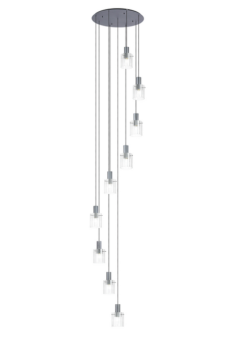 C-Lighting Bridge Ribbed Round Pendant, 9 Light Adjustable E27, Dark Grey/Clear Wide Line -