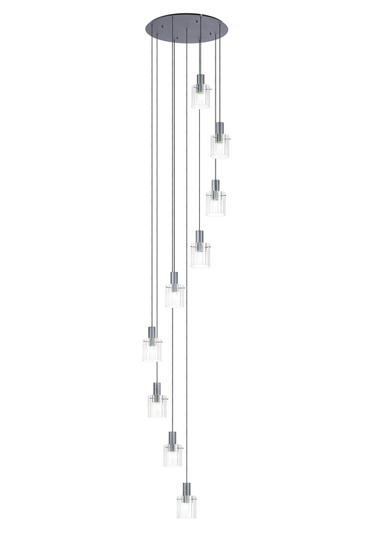C-Lighting Bridge Ribbed Round Pendant, 9 Light Adjustable E27, Dark Grey/Clear Wide Line -