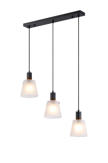 C-Lighting Hektor Linear Pendant With 16cm x 14cm Shade, 3 Light E27, Sand Black/Frosted White Glass Shade  - 60878