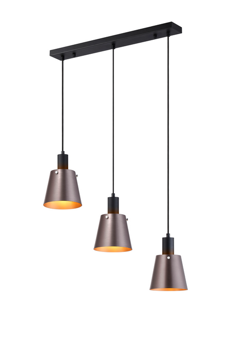 C-Lighting Hektor Linear Pendant With 16cm x 14cm Shade, 3 Light E27, Sand Black/Brown/Copper Metal Shade - 60875