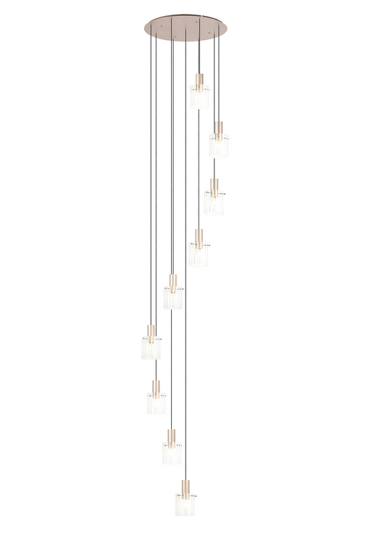 C-Lighting Bridge Ribbed Round Pendant, 9 Light Adjustable E27, Light Gold/Frosted Wide Line Glass -