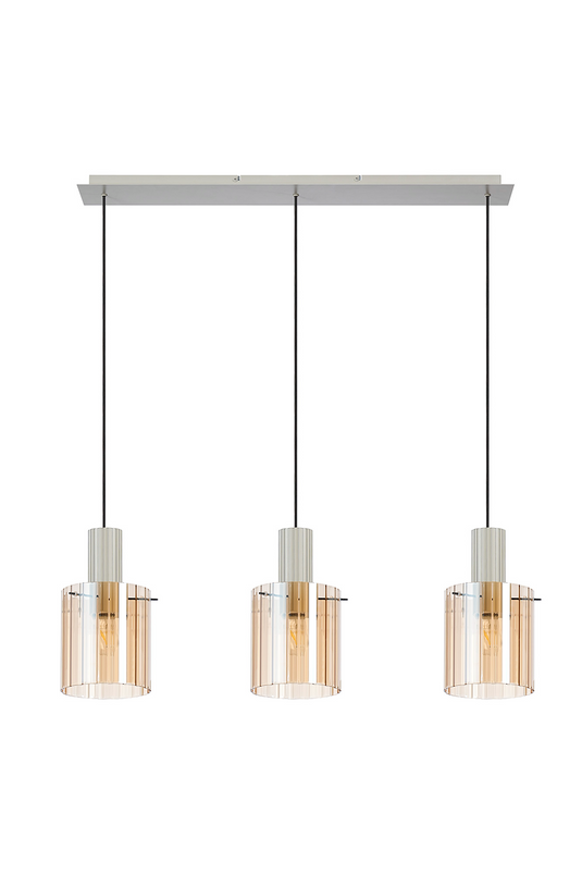 C-Lighting Bridge Ribbed Linear Pendant, 3 Light Adjustable E27, Painted Beige/Amber Wide Line Glass -