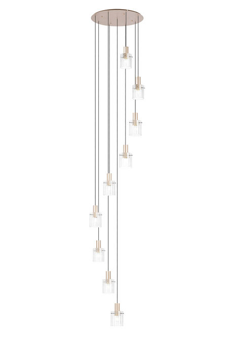C-Lighting Bridge Ribbed Round Pendant, 9 Light Adjustable E27, Light Gold/Clear Wide Line Glass -