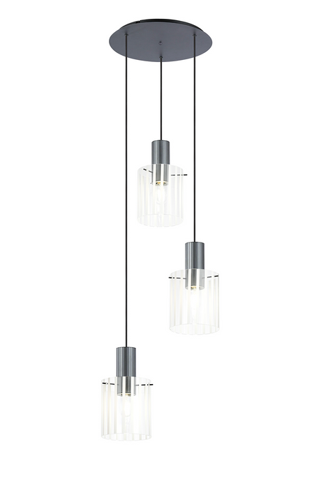 C-Lighting Bridge Ribbed Round Pendant, 3 Light Adjustable E27, Dark Grey/Frosted Wide Line Glass-