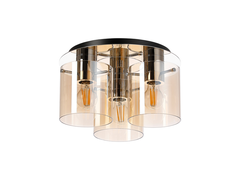 Load image into Gallery viewer, C-Lighting Bridge Round Ceiling Flush, 3 Light Flush Fitting, Polished Nickel/Black/Amber Glass - 61029
