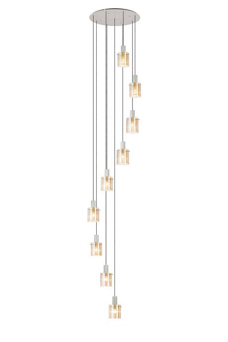 C-Lighting Bridge Ribbed Round Pendant, 9 Light Adjustable E27, Painted Beige/Amber Wide Line Glass -
