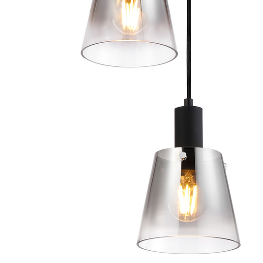 C-Lighting Hektor Round Pendant With 16cm x 14cm Shade, 3 Light E27, Sand Black/Smoke Faded Glass Shade - 60891