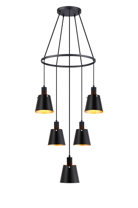 C-Lighting Hektor Ring Pendant With 16cm x 14cm Shade, 5 Light E27, Sand Black/Black/Gold Metal Shade - 60910