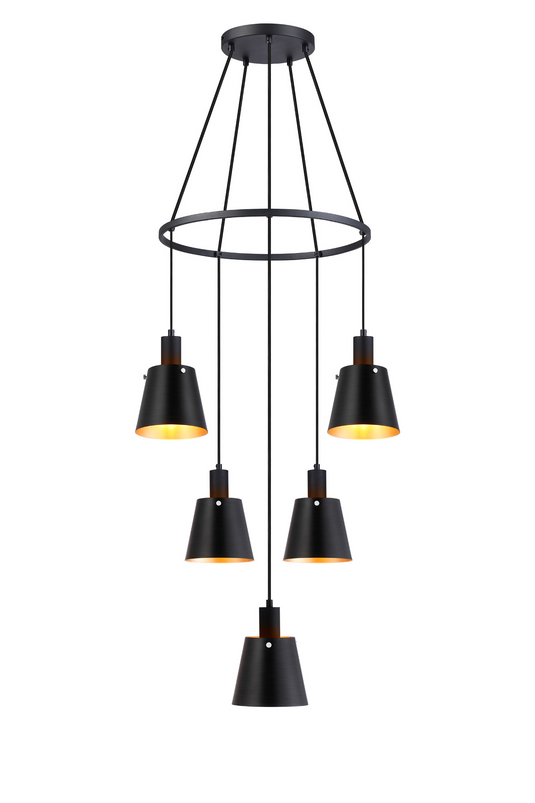 C-Lighting Hektor Ring Pendant With 16cm x 14cm Shade, 5 Light E27, Sand Black/Black/Gold Metal Shade - 60910