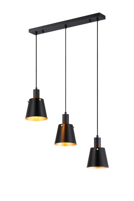 C-Lighting Hektor Linear Pendant With 16cm x 14cm Shade, 3 Light E27, Sand Black/Black/Gold Metal Shade - 60874
