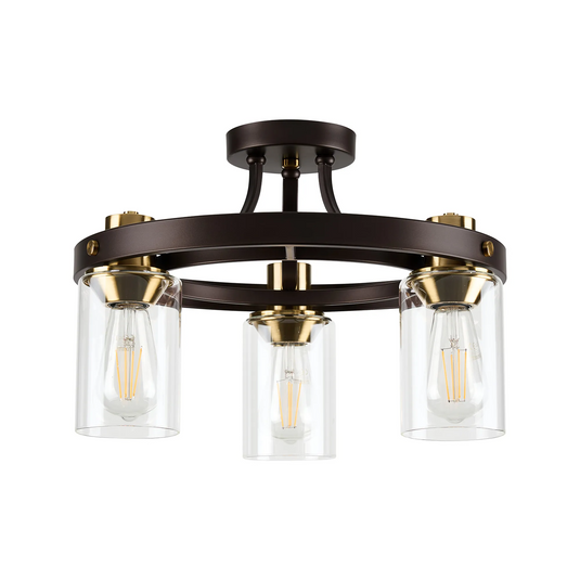 C-Lighting Moles 45cm Round Semi Flush Ceiling 3 Light E27, Brown Oxide/Gold Bronze With Clear Glass Shades - 60941