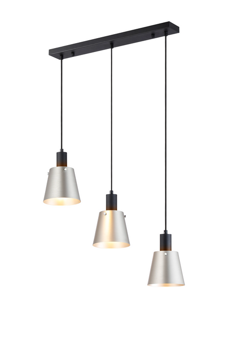C-Lighting Hektor Linear Pendant With 16cm x 14cm Shade, 3 Light E27, Sand Black/Light Grey/Silver Metal Shade  - 60877